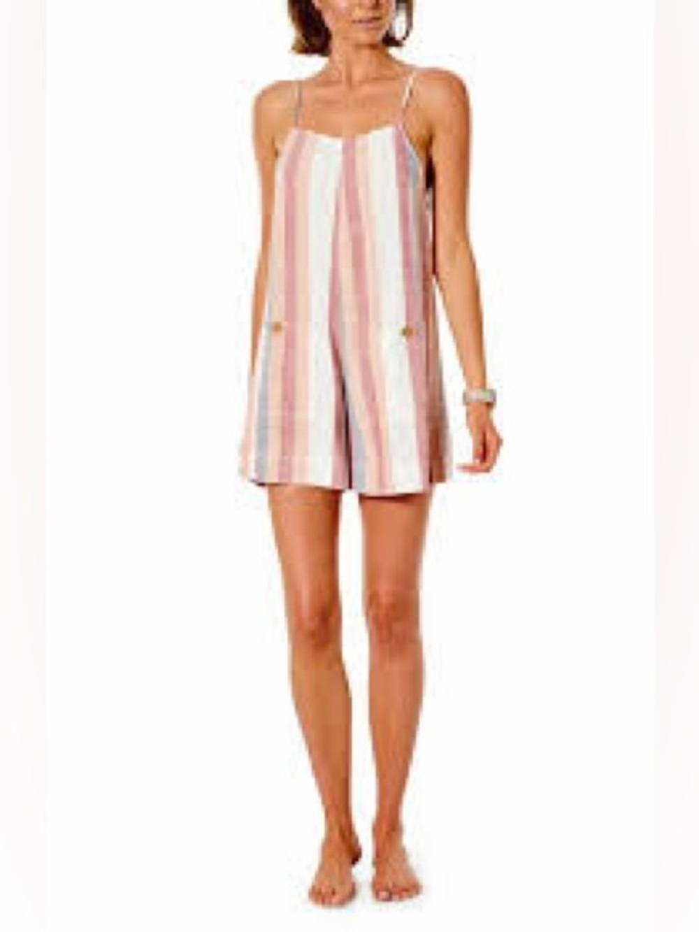 Rip Curl Striped Spaghetti-Strap Romper in Pink and Cream